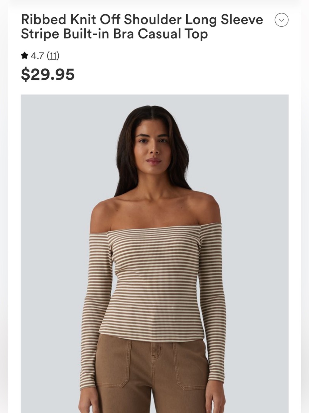 NWT Off-Shoulder Striped Long-Sleeve Top. Built in Bra - Beige/White